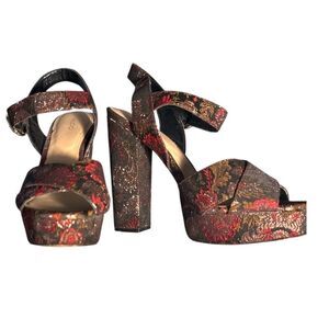 ALDO Floral Paisley and Gold Brocade Chunky 5" Heels Open Toe‎ Shoes Size 10
